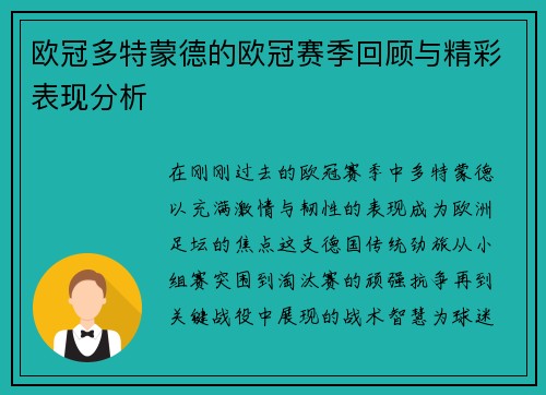 欧冠多特蒙德的欧冠赛季回顾与精彩表现分析