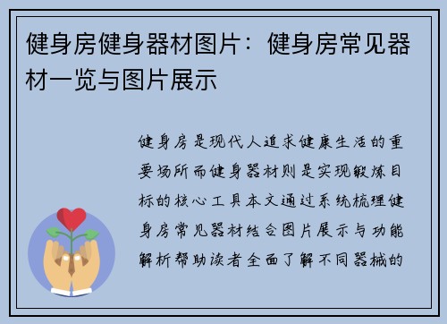 健身房健身器材图片：健身房常见器材一览与图片展示